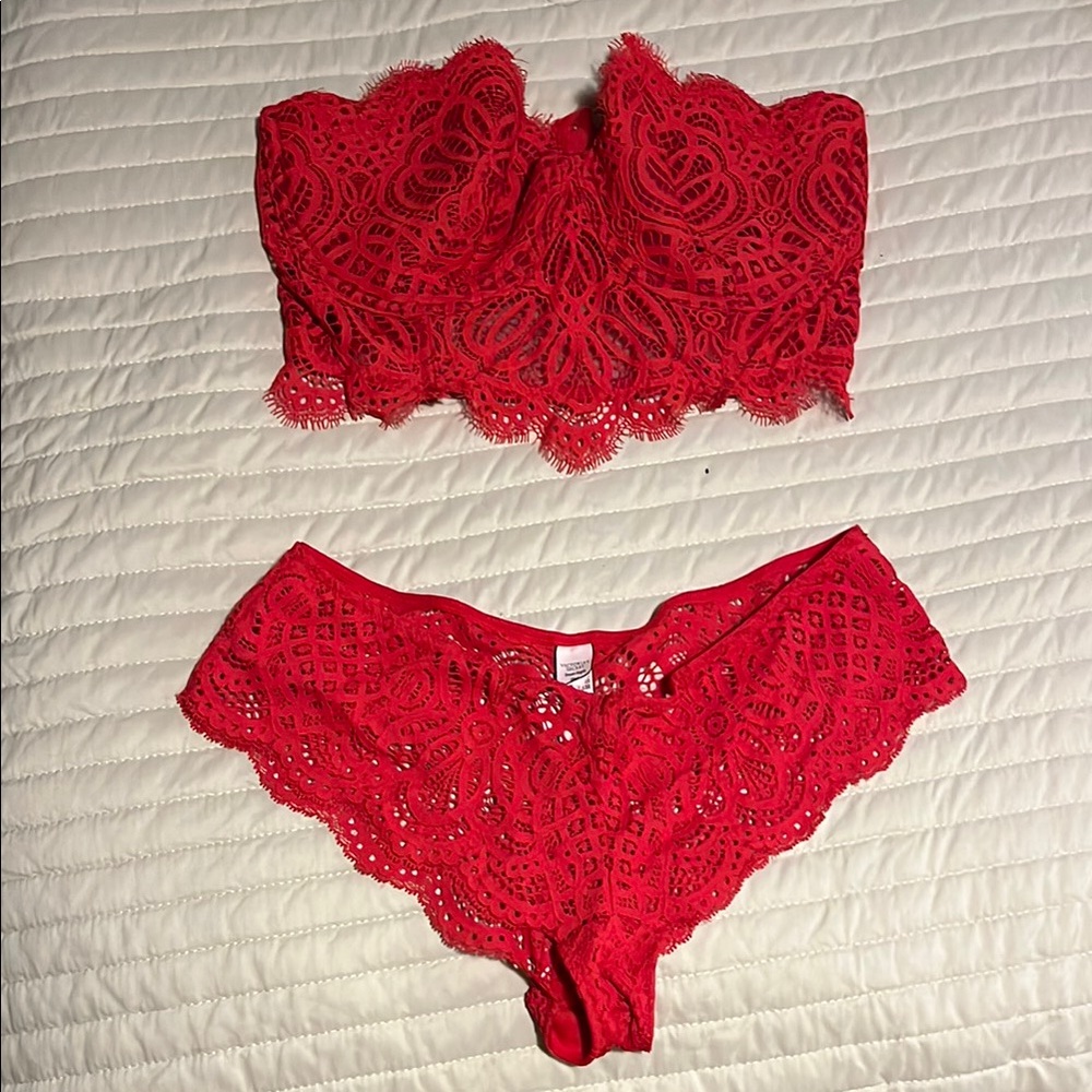 Red Lace Strapless Bralette and Panty Set